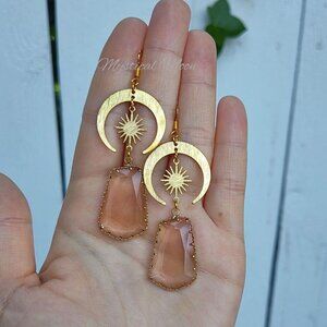 Elegant Celestial Dangle Earrings with Smoky Crystal Charms Sun & Moon Handmade